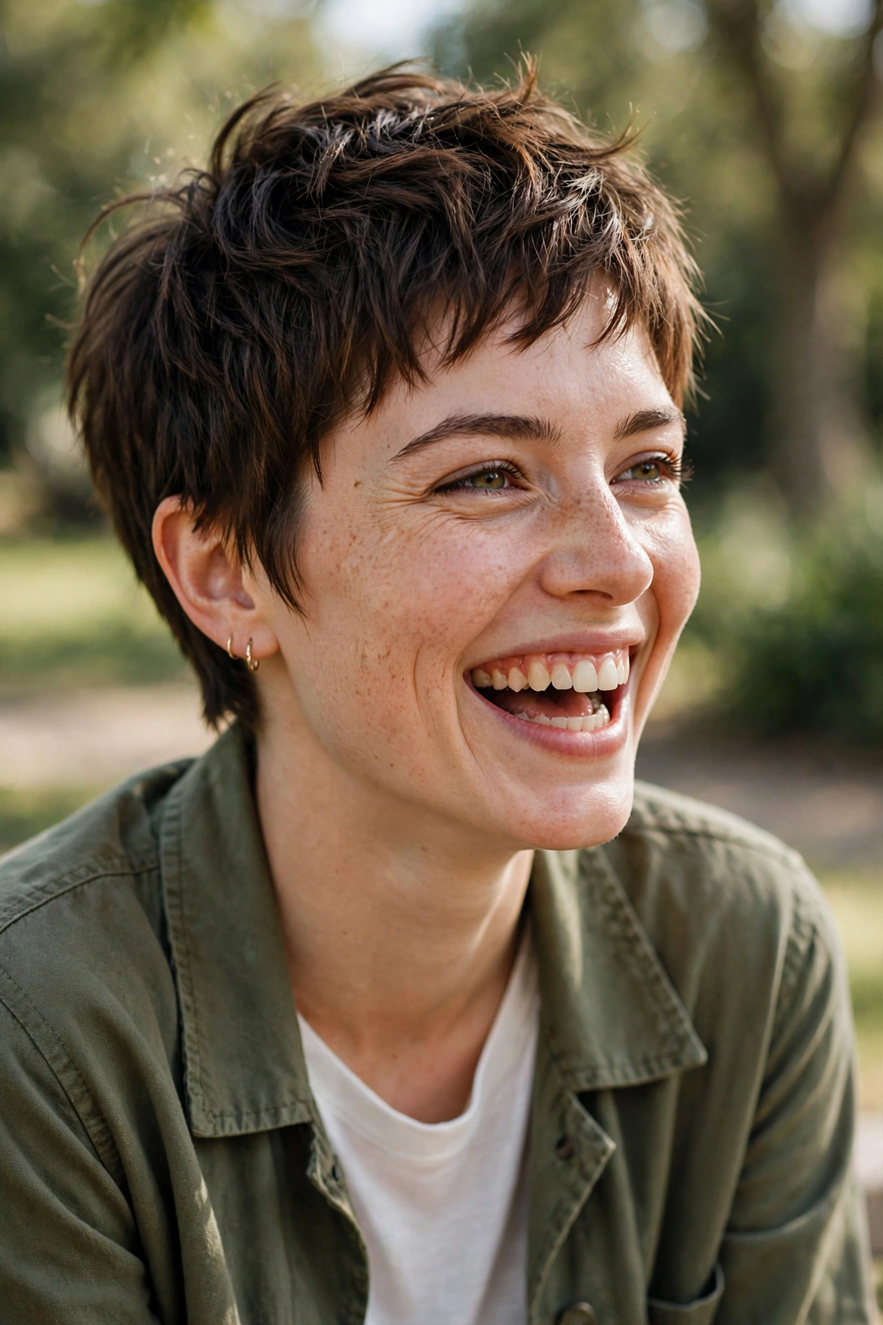 Woman with a textured pixie cut laughing outdoors in daylight wearing a casual outfit