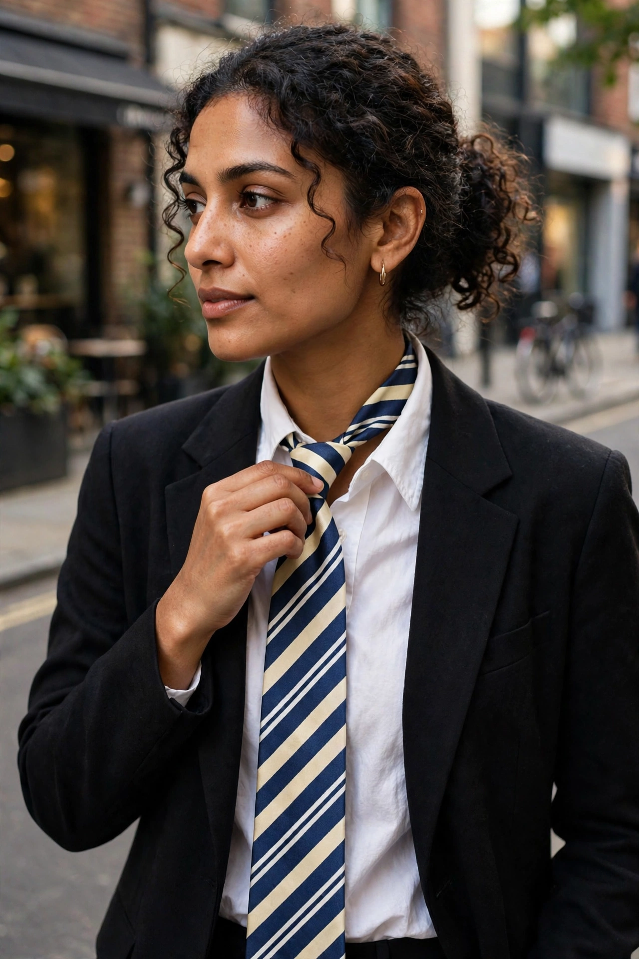 Woman styling a striped silk tie with a white shirt and black blazer