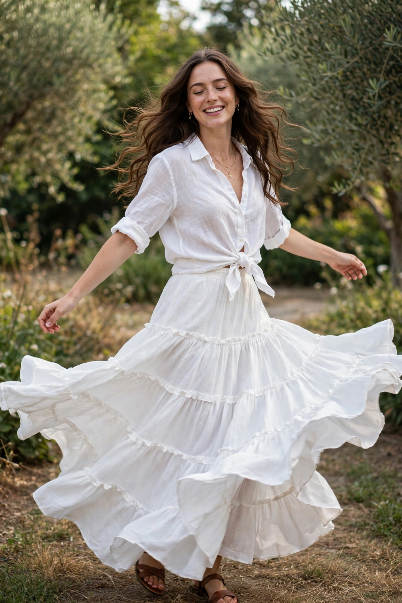Woman twirling outdoors in a white tiered maxi skirt with a knotted white shirt and brown sandals