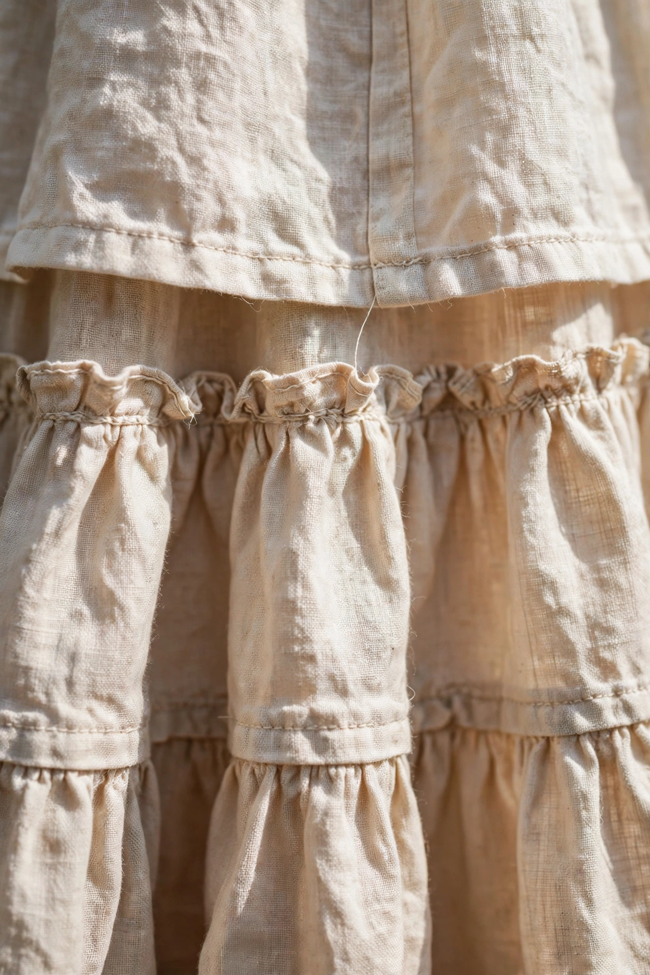 Close-up detail of tiered maxi skirt seams showing gathered natural fabric and neat stitching
