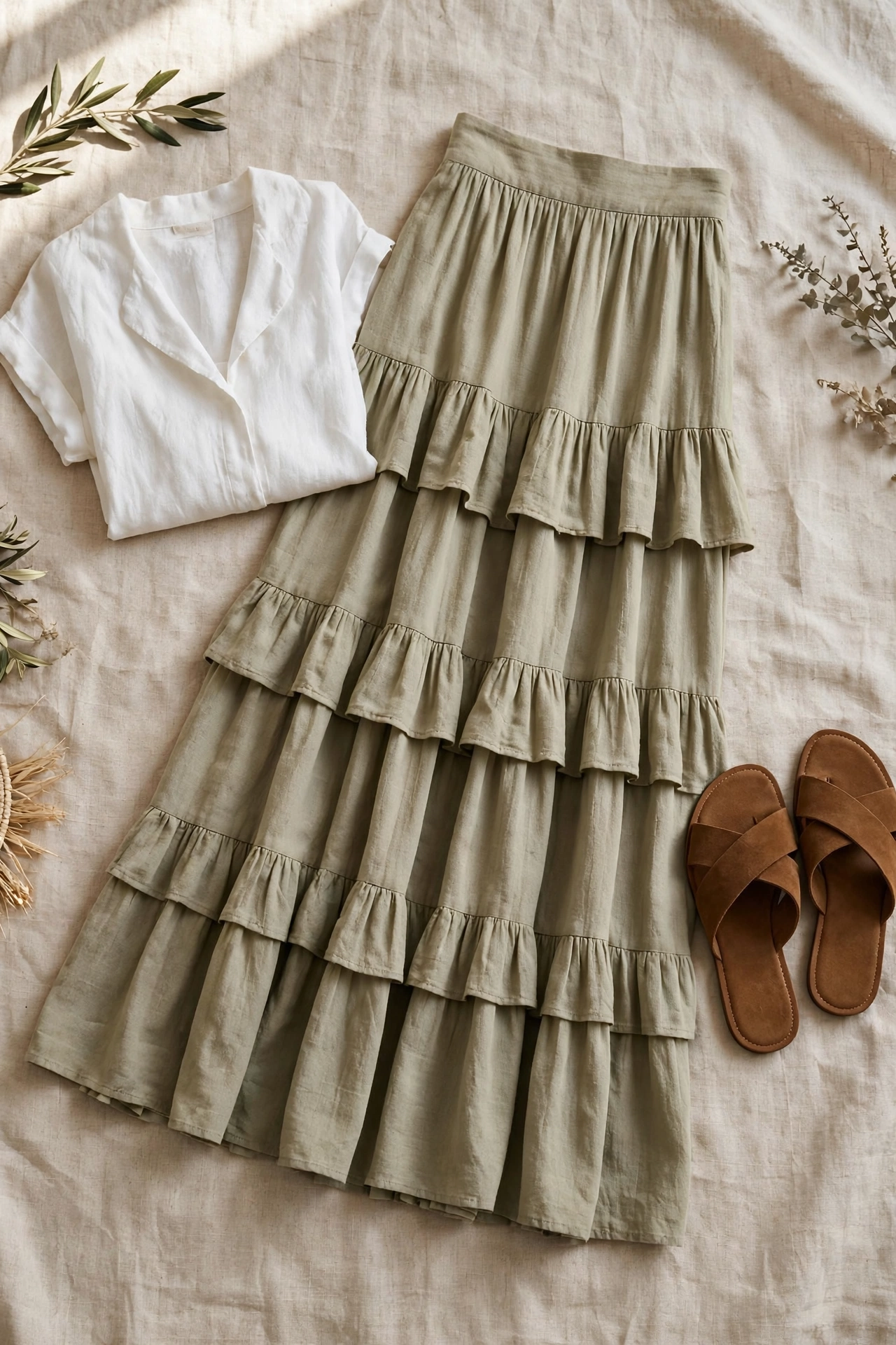 Flat lay of a sage tiered maxi skirt styled with a white top and brown cross-strap sandals