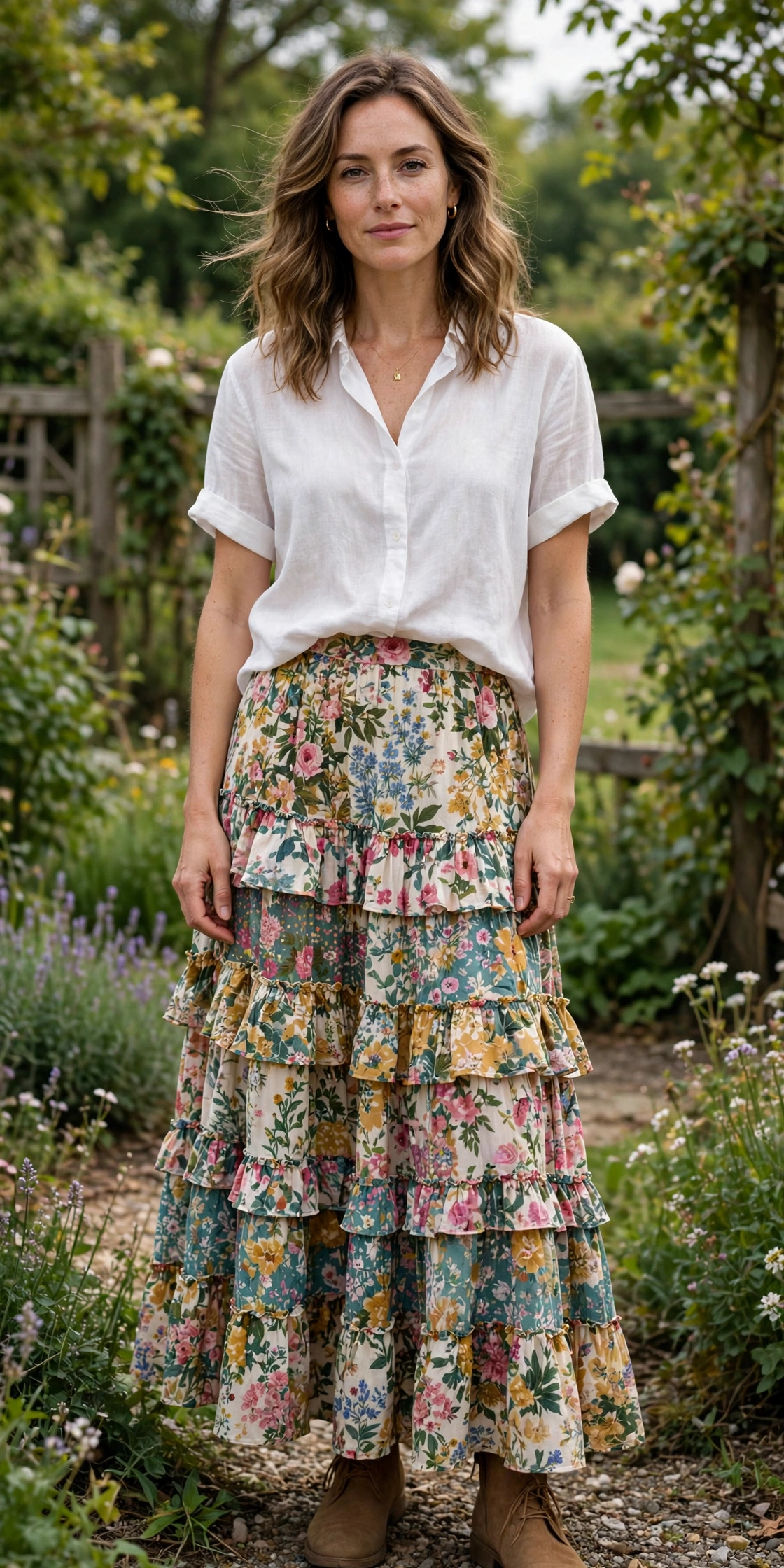 Woman in a garden wearing a floral print tiered maxi skirt with a white blouse