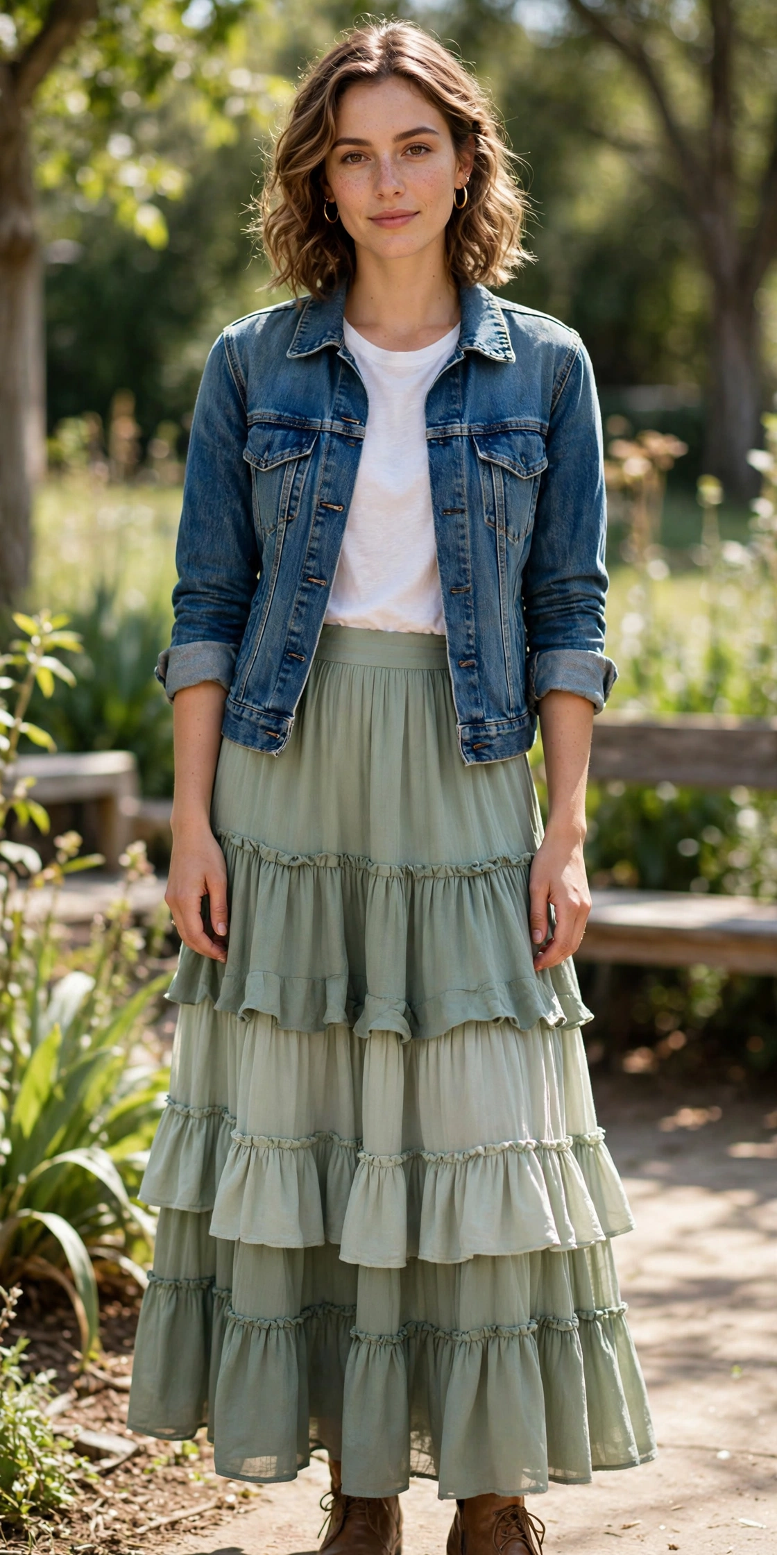 Woman wearing a sage green tiered maxi skirt with a white tee and denim jacket outdoors