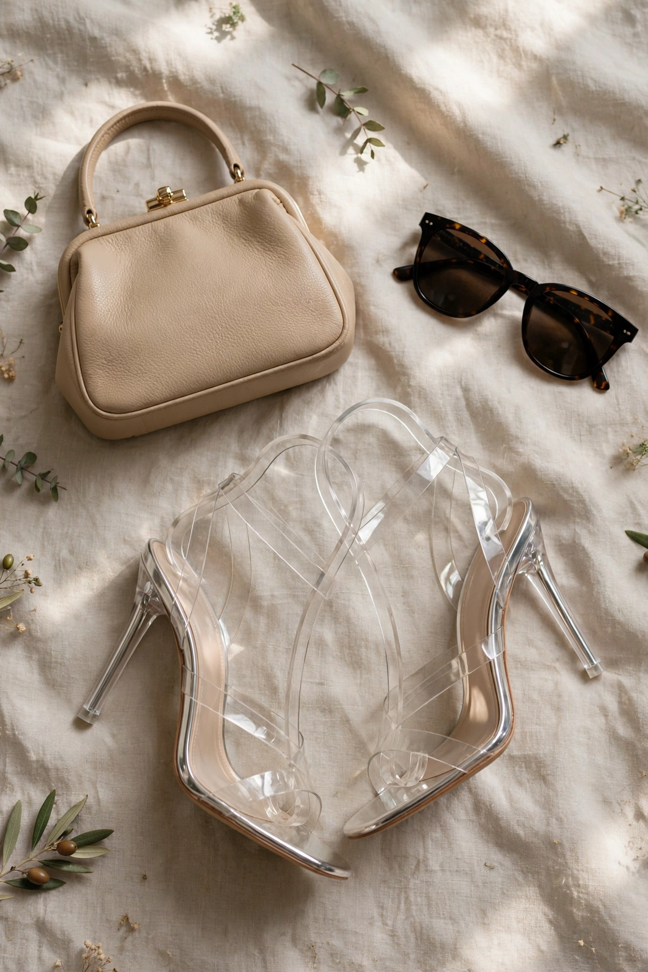 Flat lay of transparent clear heels styled with a handbag and sunglasses
