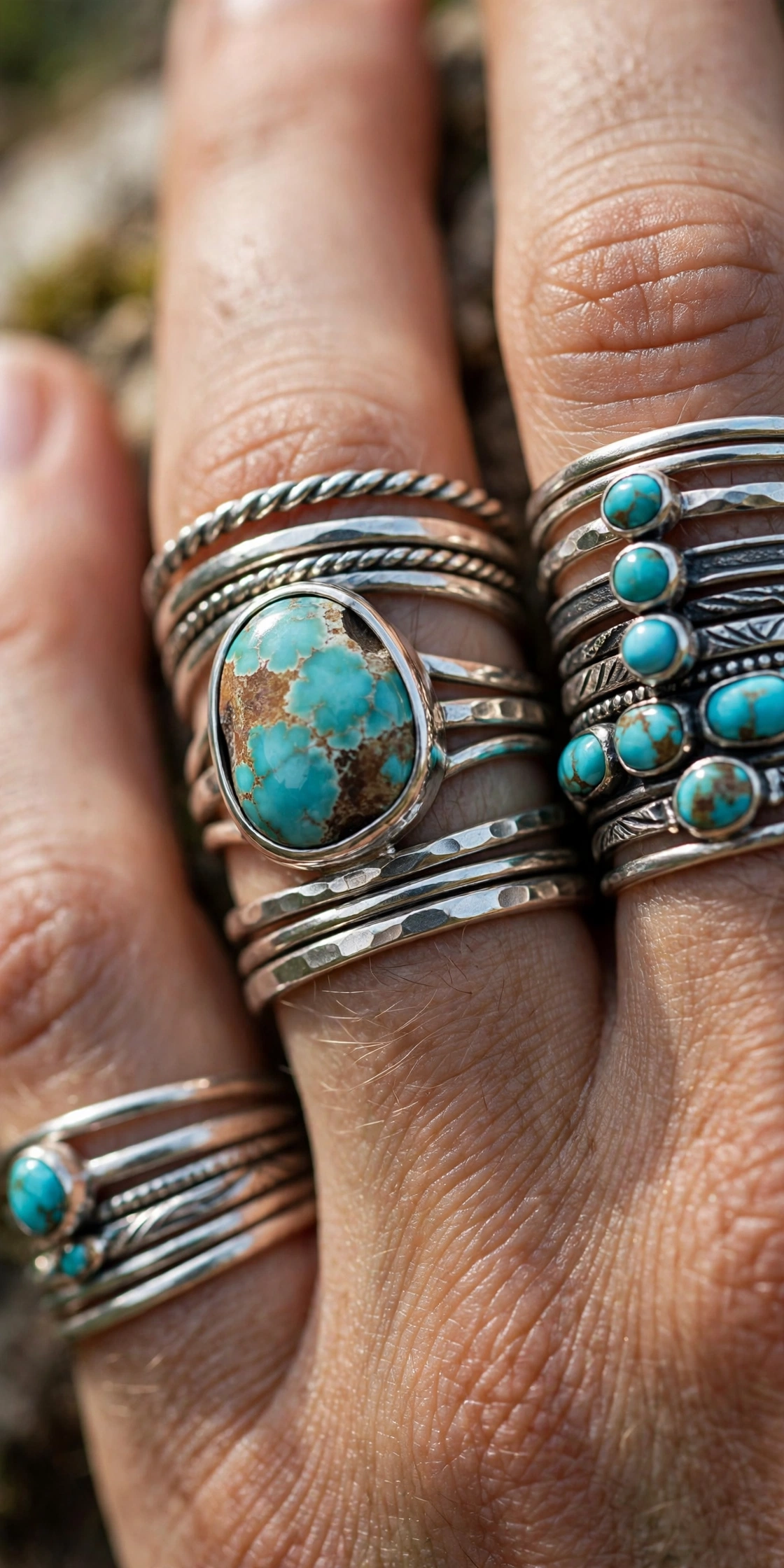 Macro close-up of turquoise stones and stacked silver bands showing stone detail and metal texture