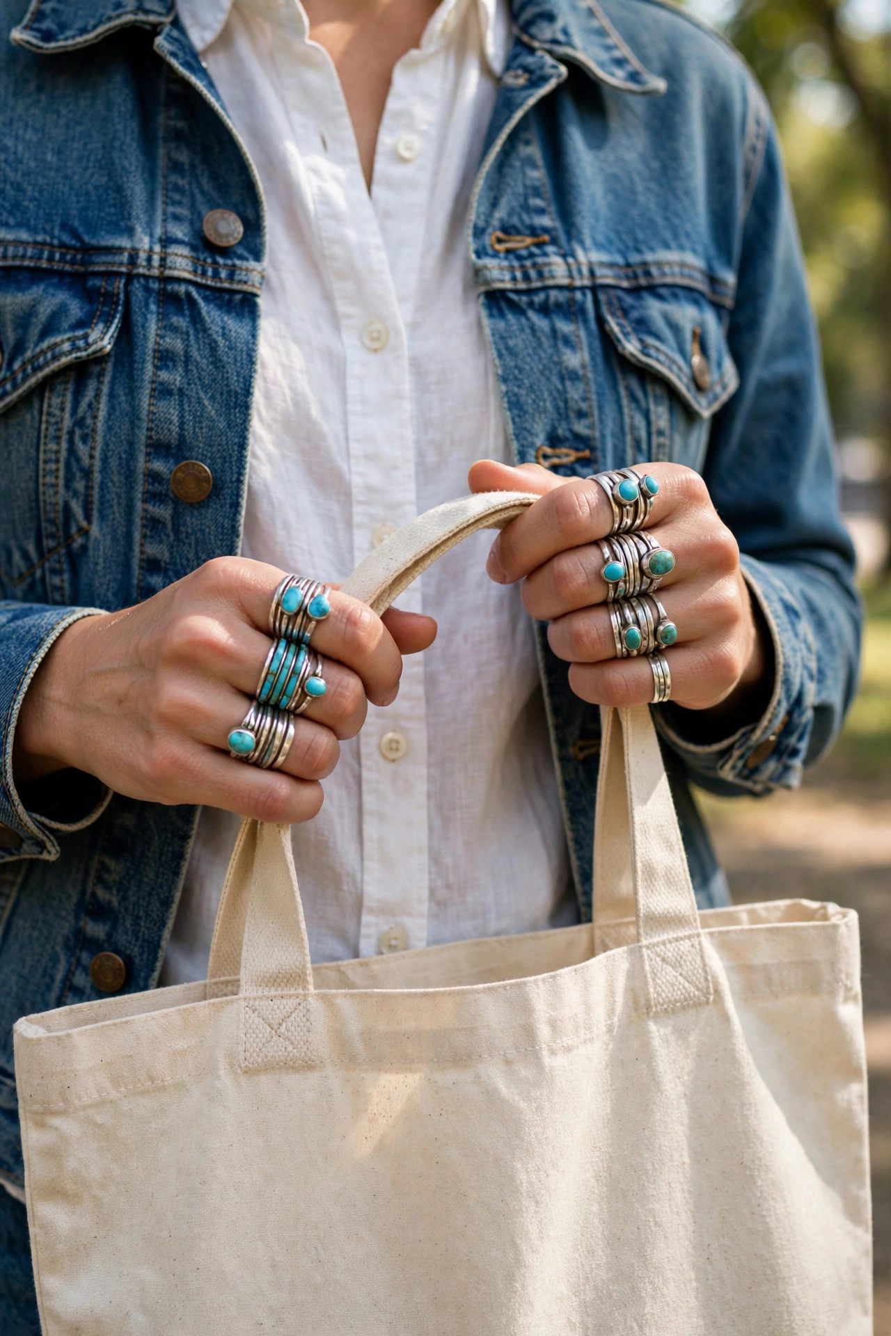 Stacked turquoise and silver rings worn with a denim jacket and white shirt, hands holding a tote bag