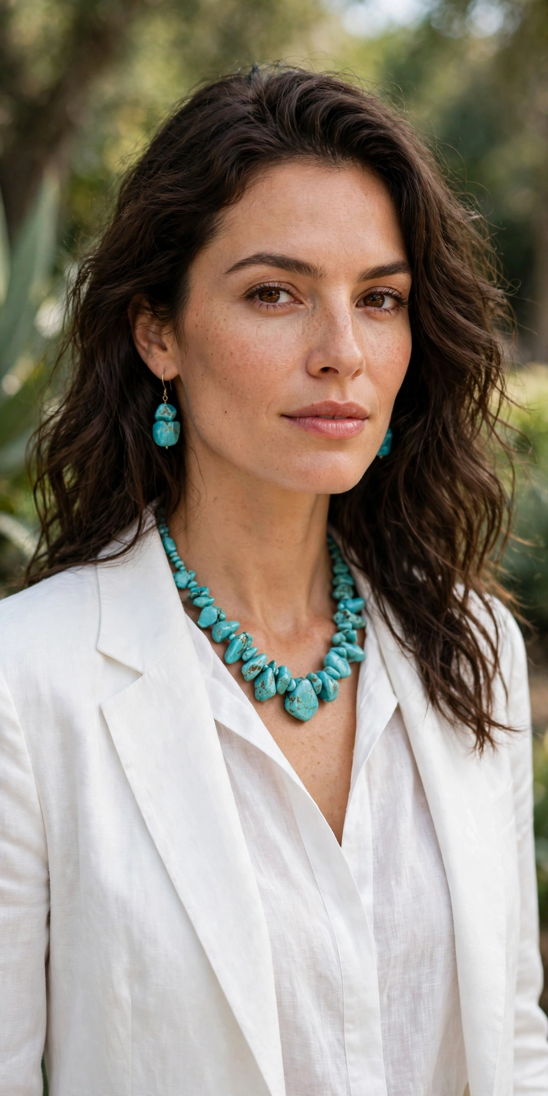 Woman in a white outfit wearing a chunky turquoise stone necklace and matching turquoise earrings