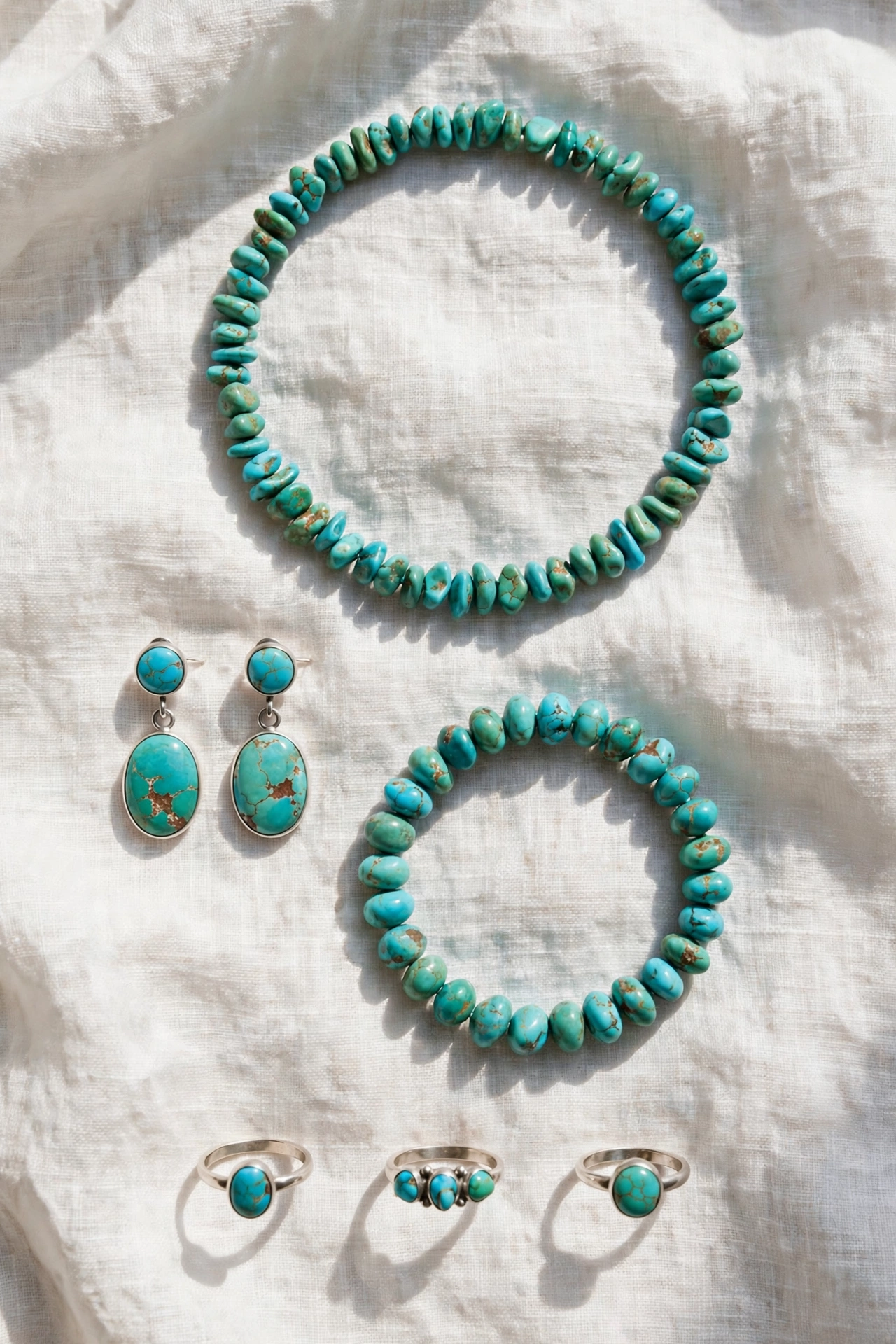 Flat lay of turquoise stone necklace, earrings, bracelet and rings arranged on white linen