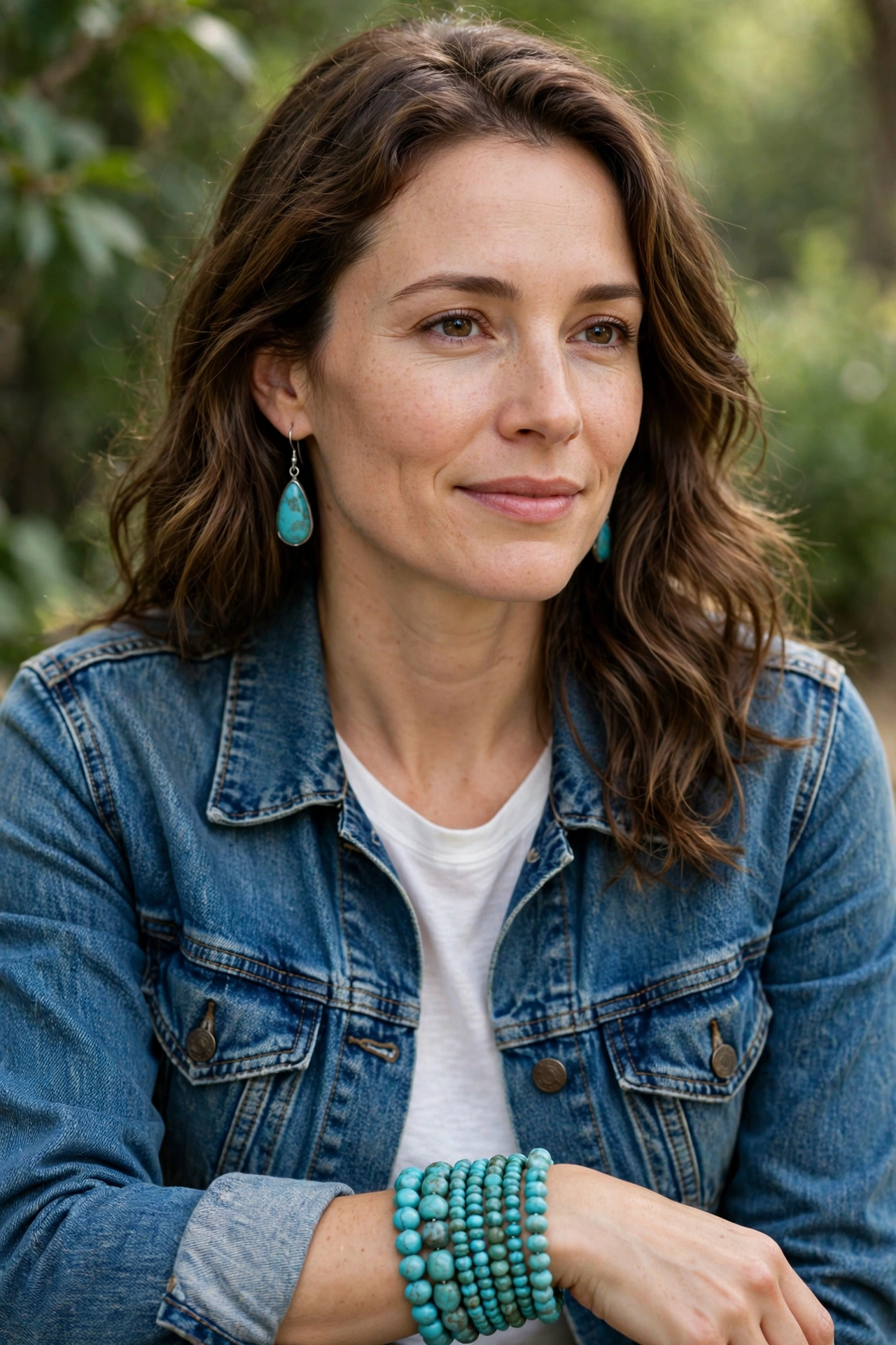 Woman wearing turquoise drop earrings and stacked turquoise bracelets with a denim jacket and white top