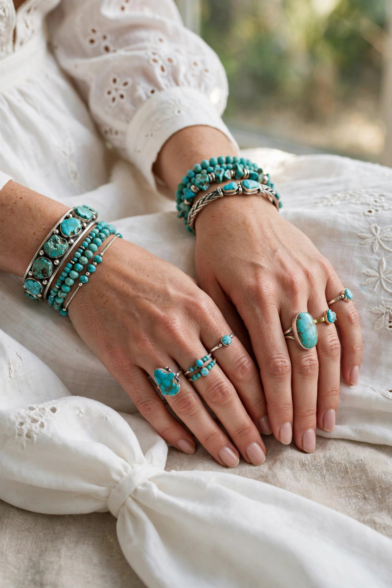 Turquoise stone rings and bracelets worn on hands resting on a white dress