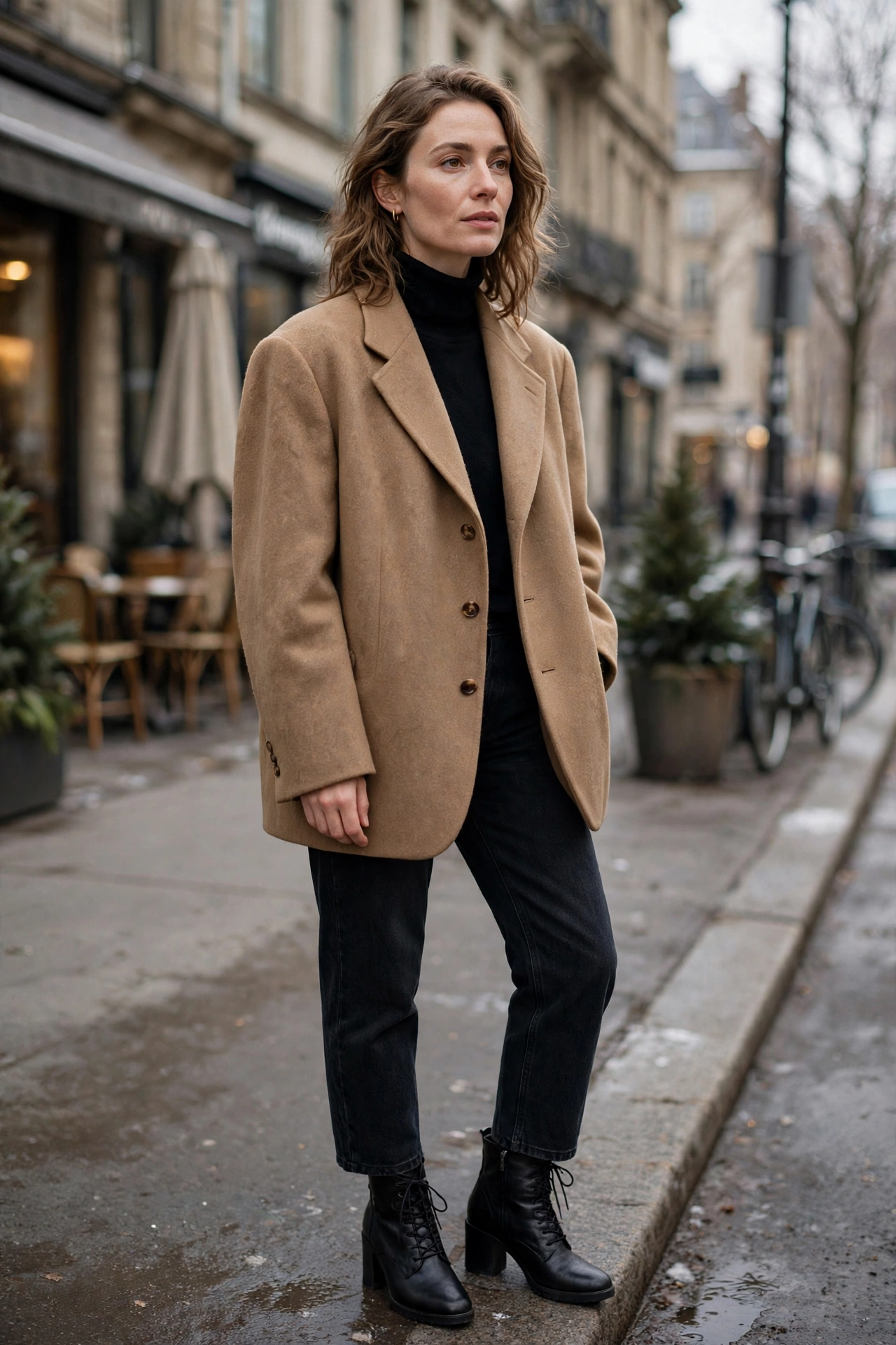 Woman wearing an oversized vintage wool blazer with a black turtleneck, dark jeans and ankle boots in soft natural light