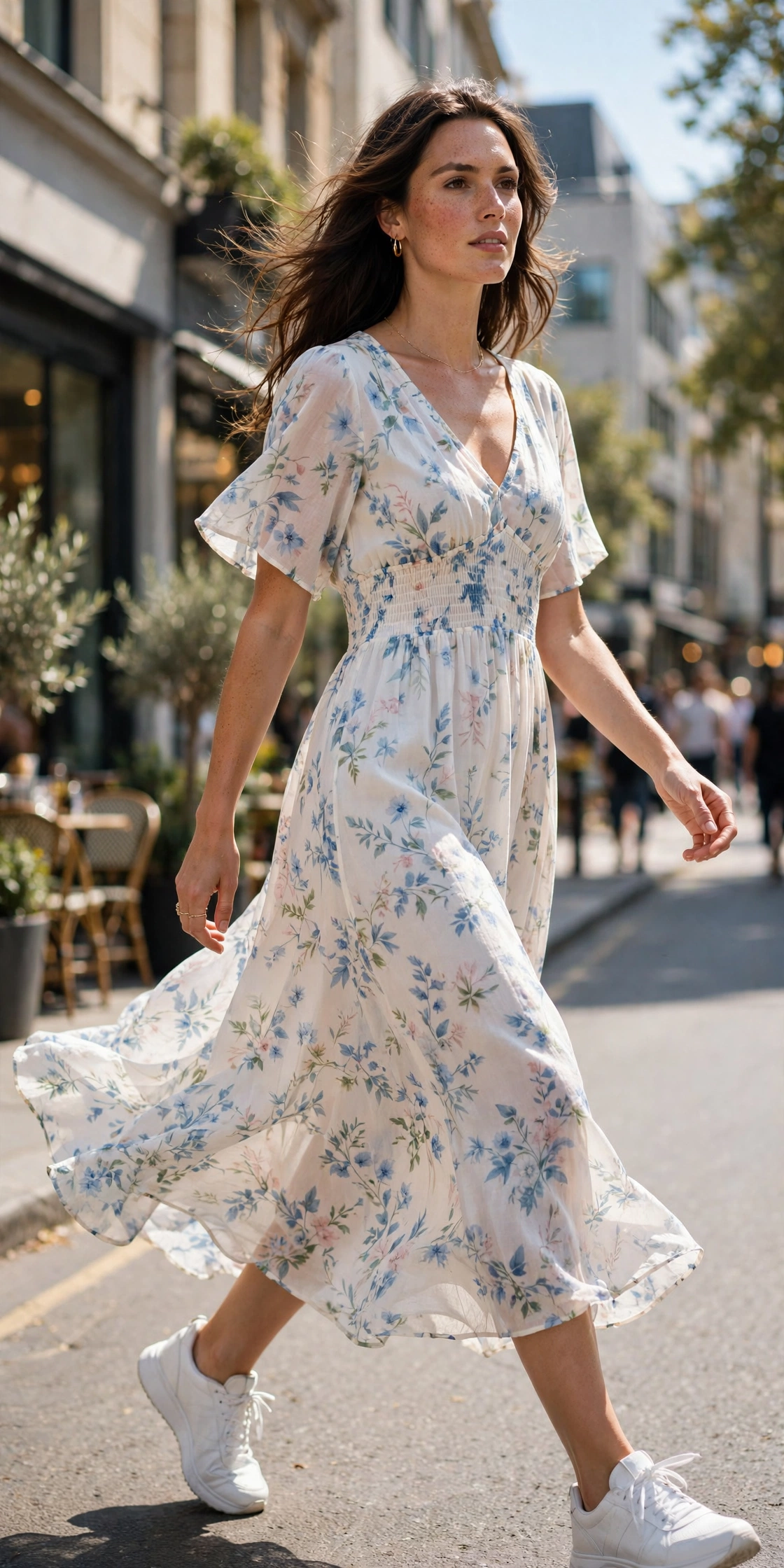 Woman in a floral midi dress wearing white sneakers on a city street