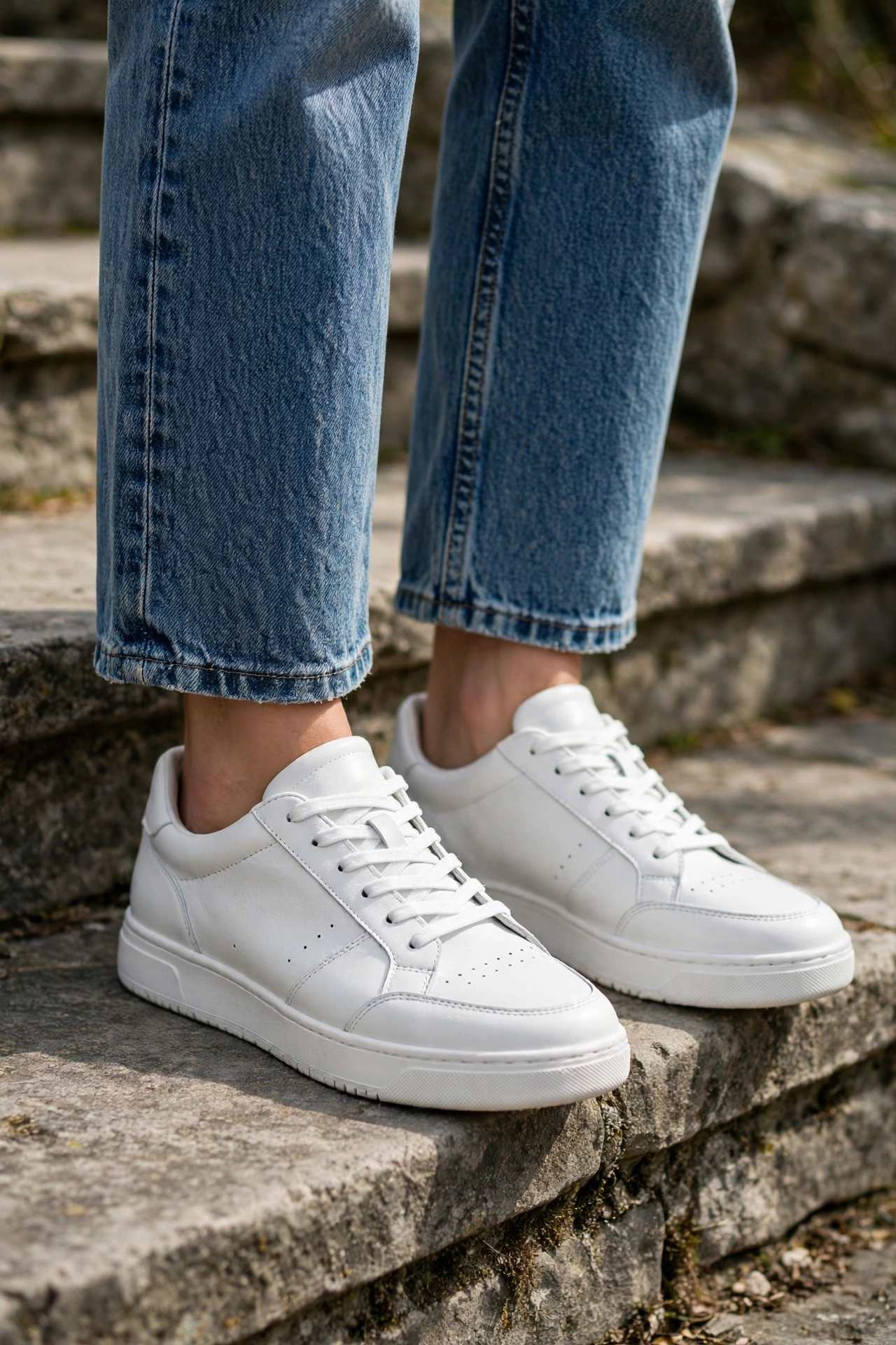 Close-up of white leather sneakers worn with cropped jeans