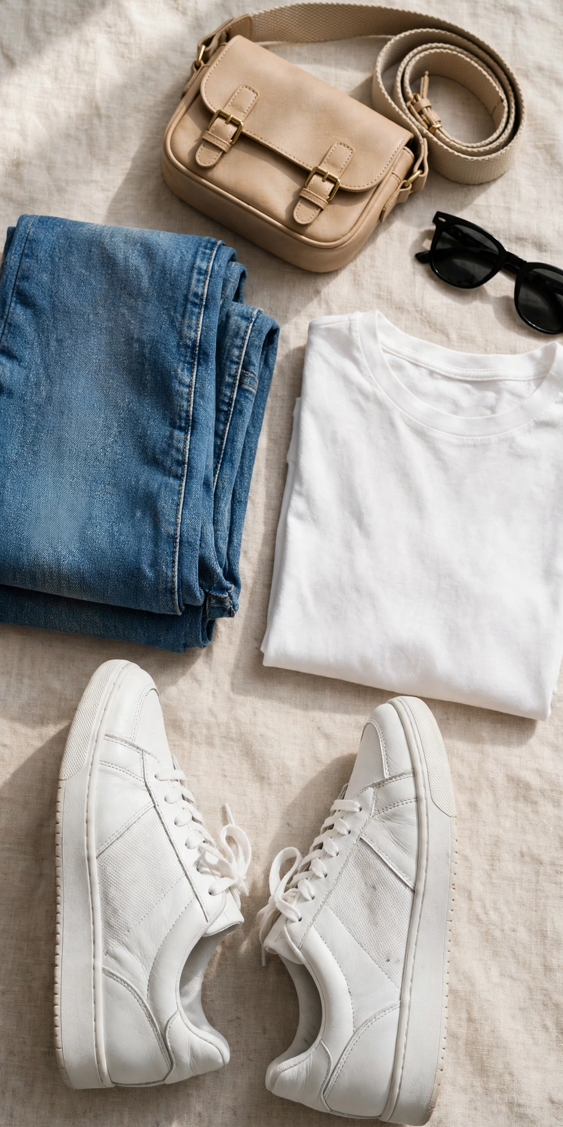 Flat lay of white sneakers with jeans, a white t-shirt, sunglasses and a crossbody bag