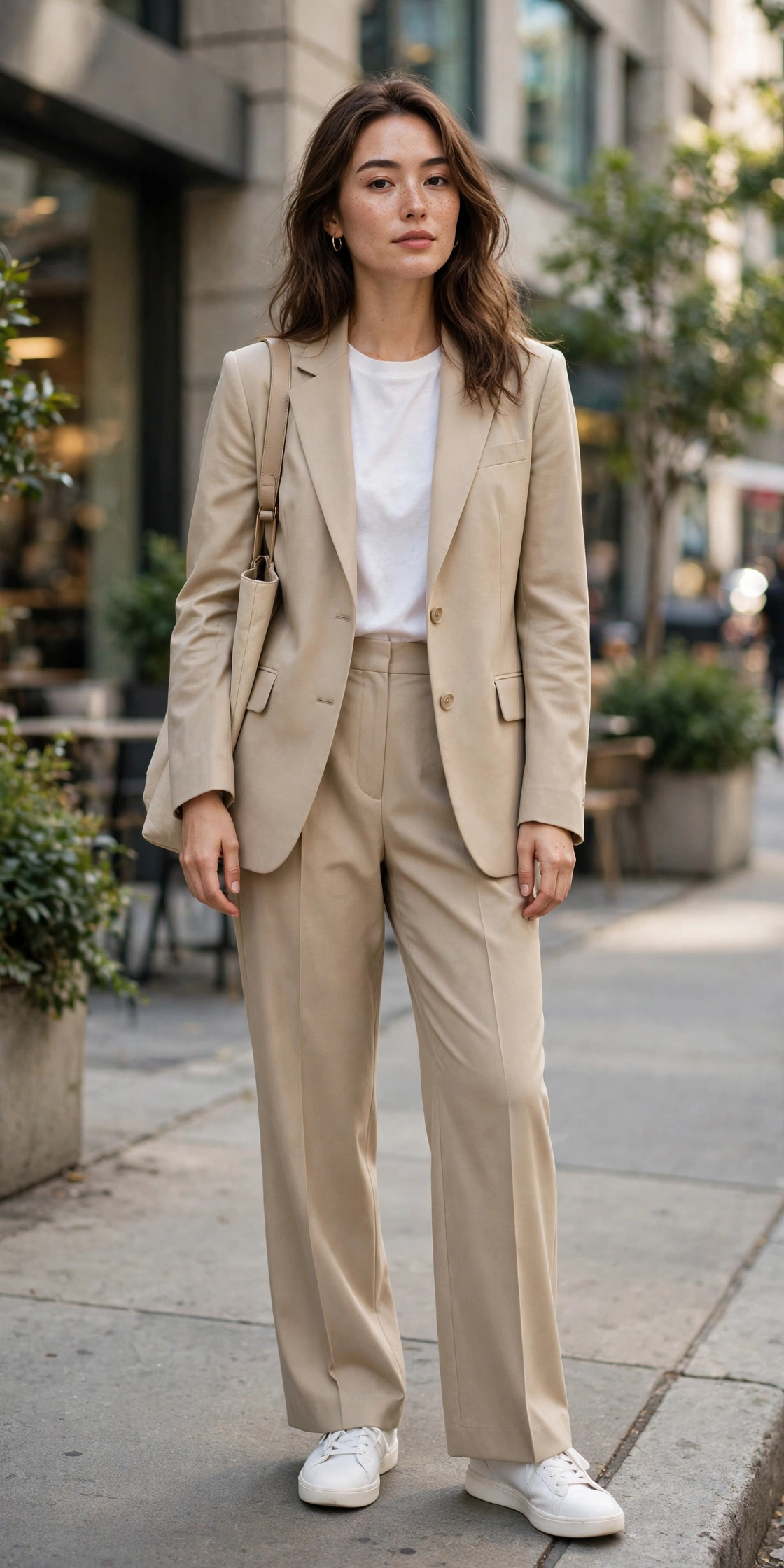 Woman in a beige trouser suit wearing white sneakers