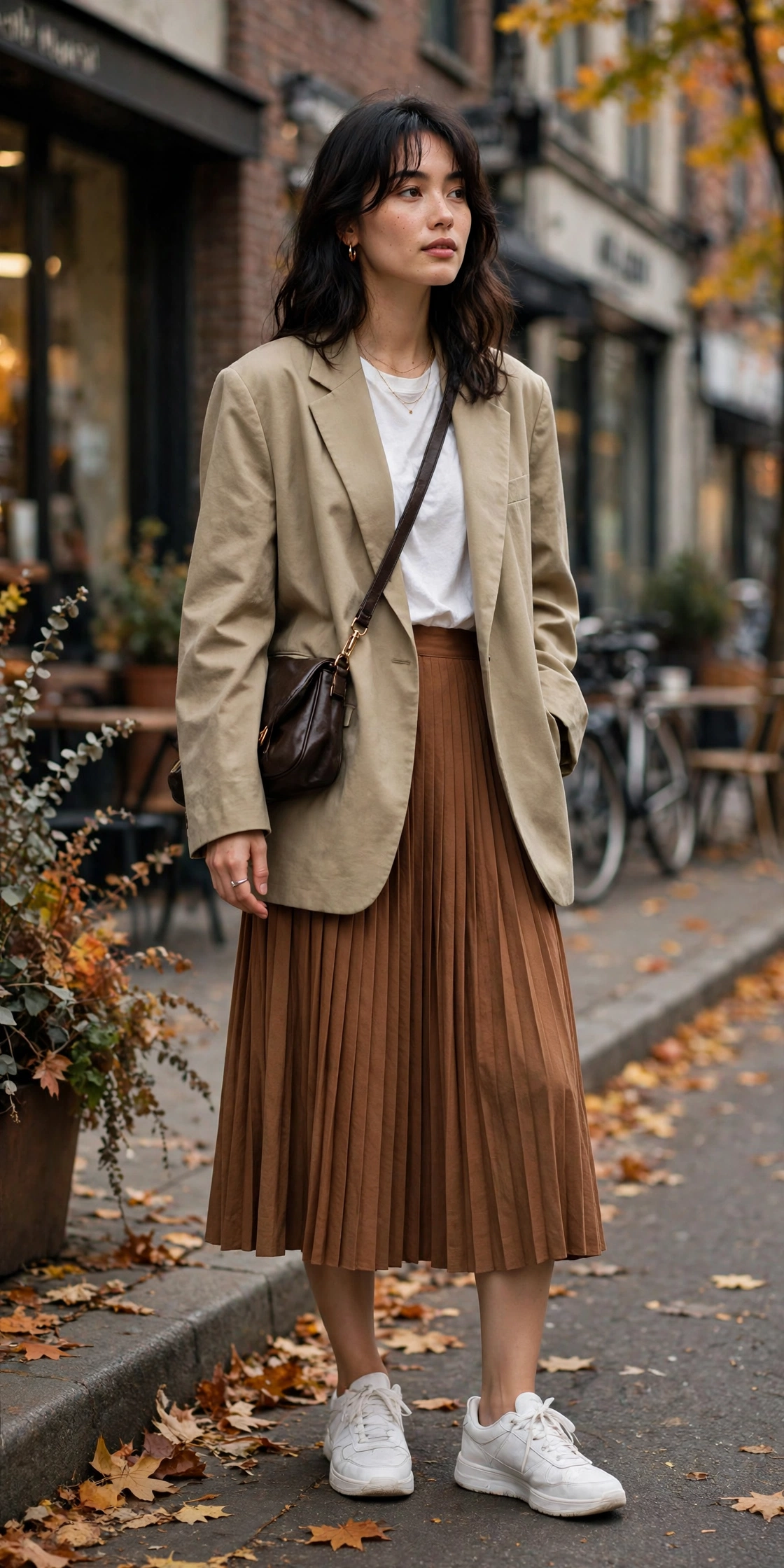 Woman in a pleated midi skirt and blazer wearing white sneakers