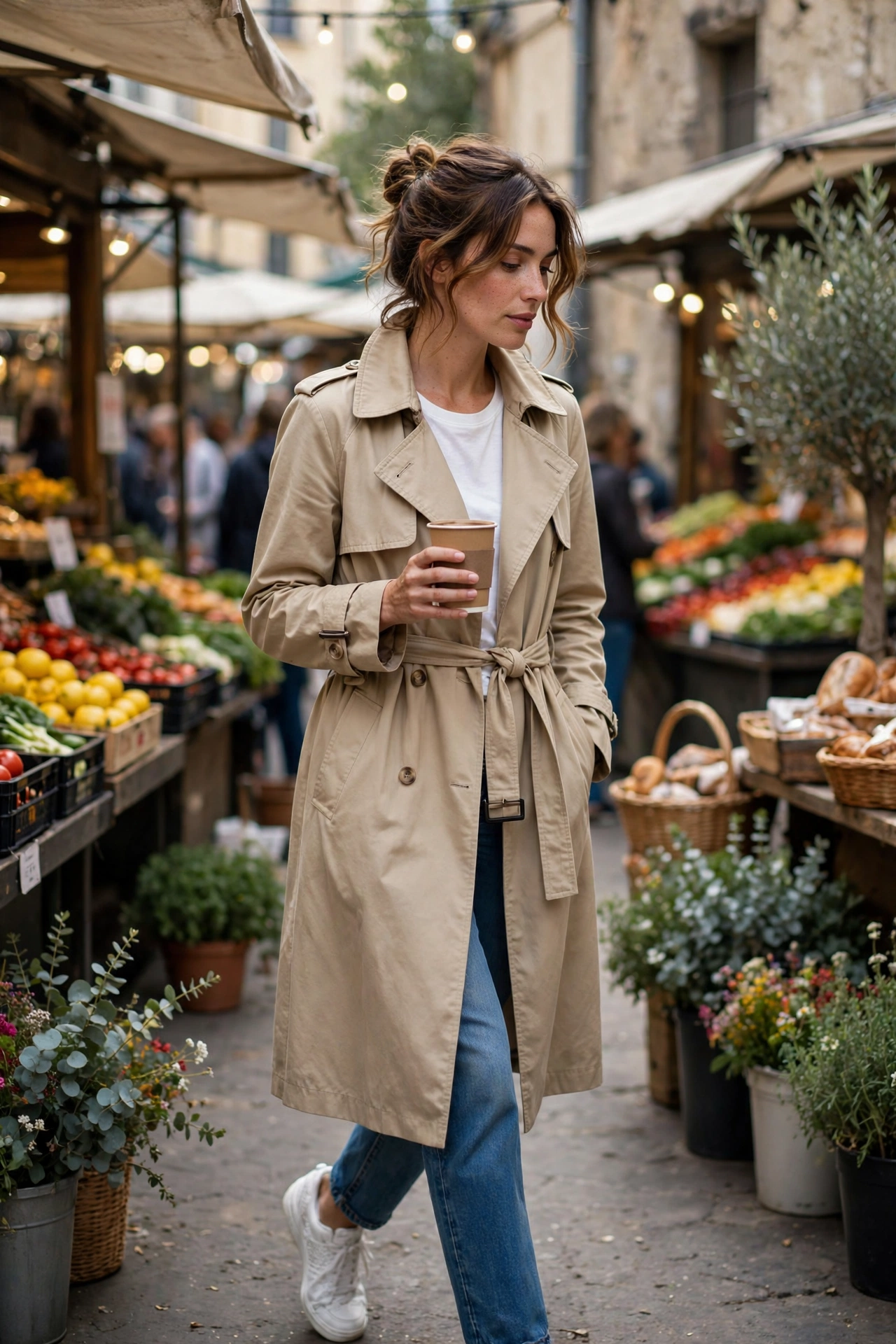Woman in a trench coat and white sneakers holding a coffee in a city market