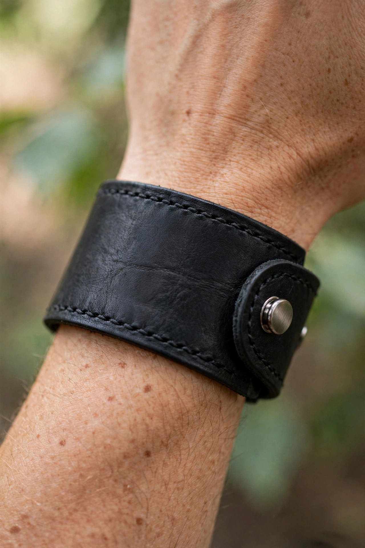 Close-up of a wide black leather cuff bracelet with stitching and a metal stud closure on a wrist