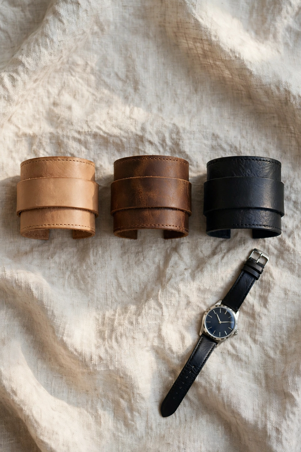 Flat lay of three wide leather cuff bracelets in tan, brown and black beside a watch