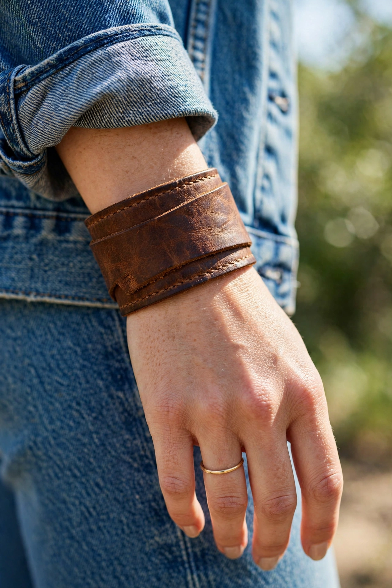 Close view of a wide leather cuff bracelet worn with a denim jacket sleeve and a simple ring