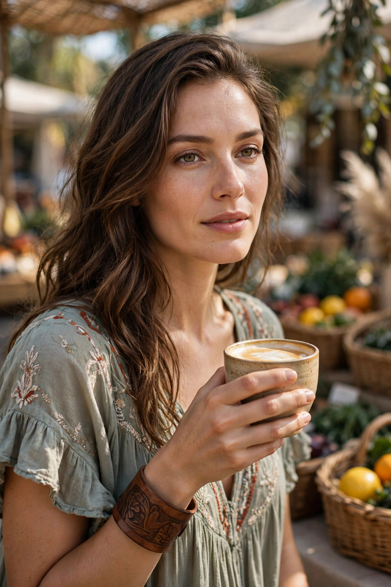 Woman wearing a wide leather cuff bracelet holding a coffee cup at an outdoor market