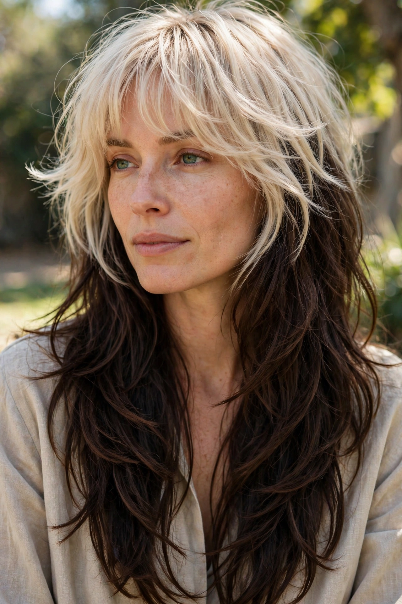 Woman with long blonde layered hair and a wispy fringe in a different length and colour