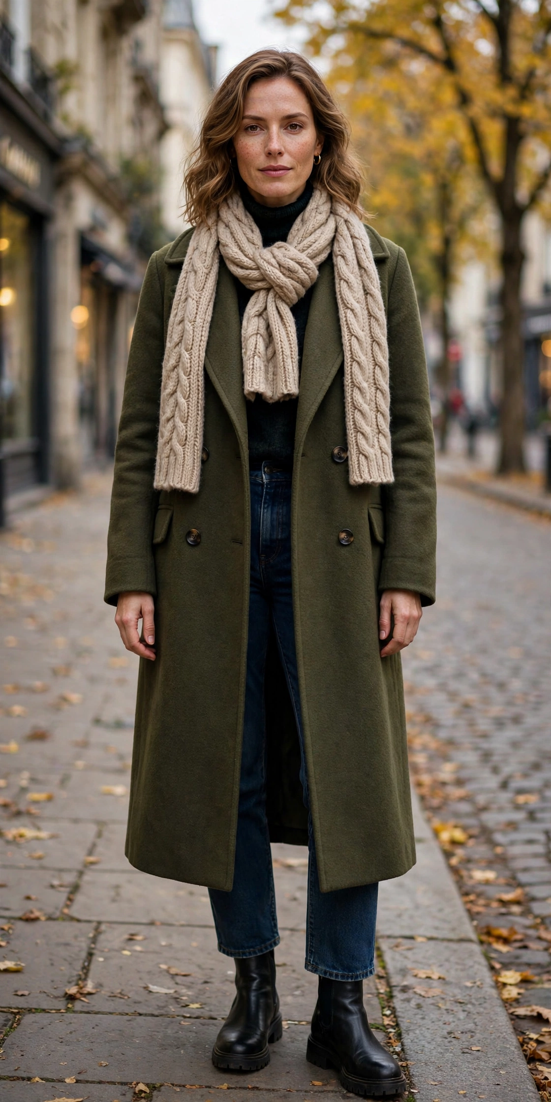 Woman in a long olive coat wearing a chunky cream wool scarf tied in a classic loop