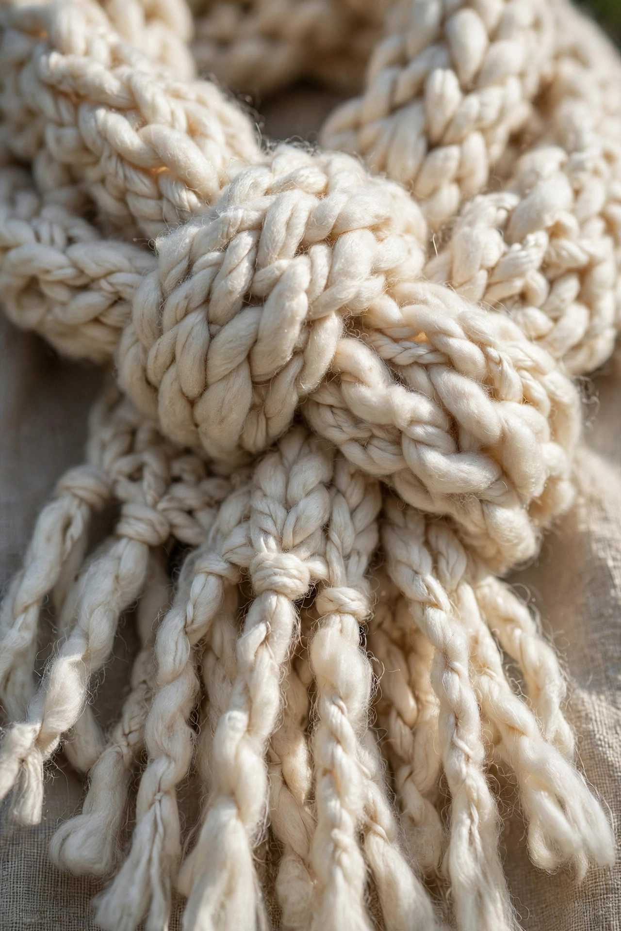 Close-up detail of a chunky cream wool scarf knot with soft fringe