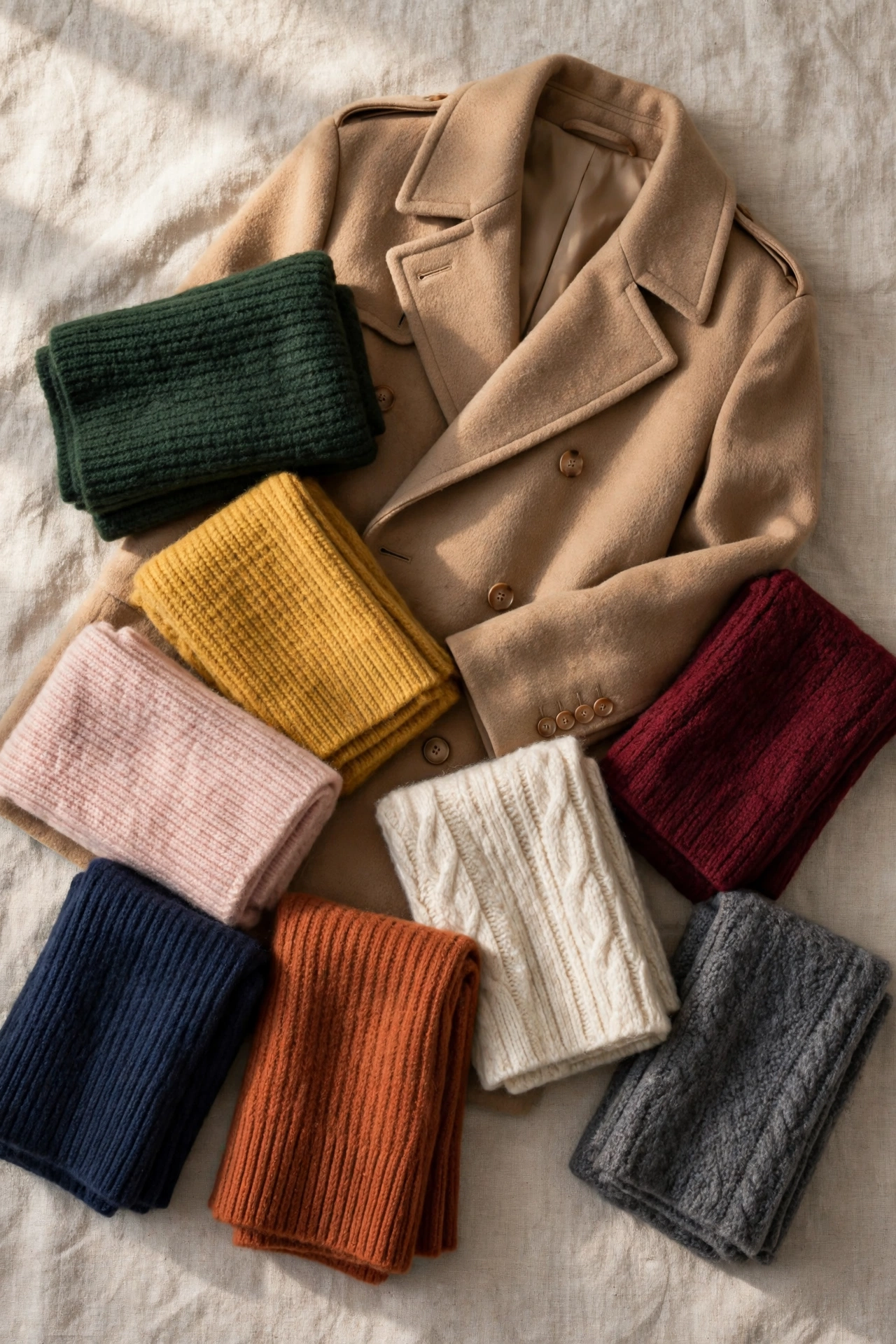 Flat lay of folded chunky wool scarves in green, mustard, pink, burgundy and cream beside a camel coat