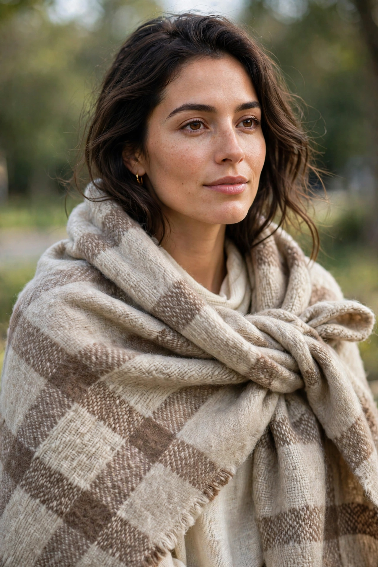 Woman wearing a cream and brown checked wool scarf as a blanket wrap over her shoulders