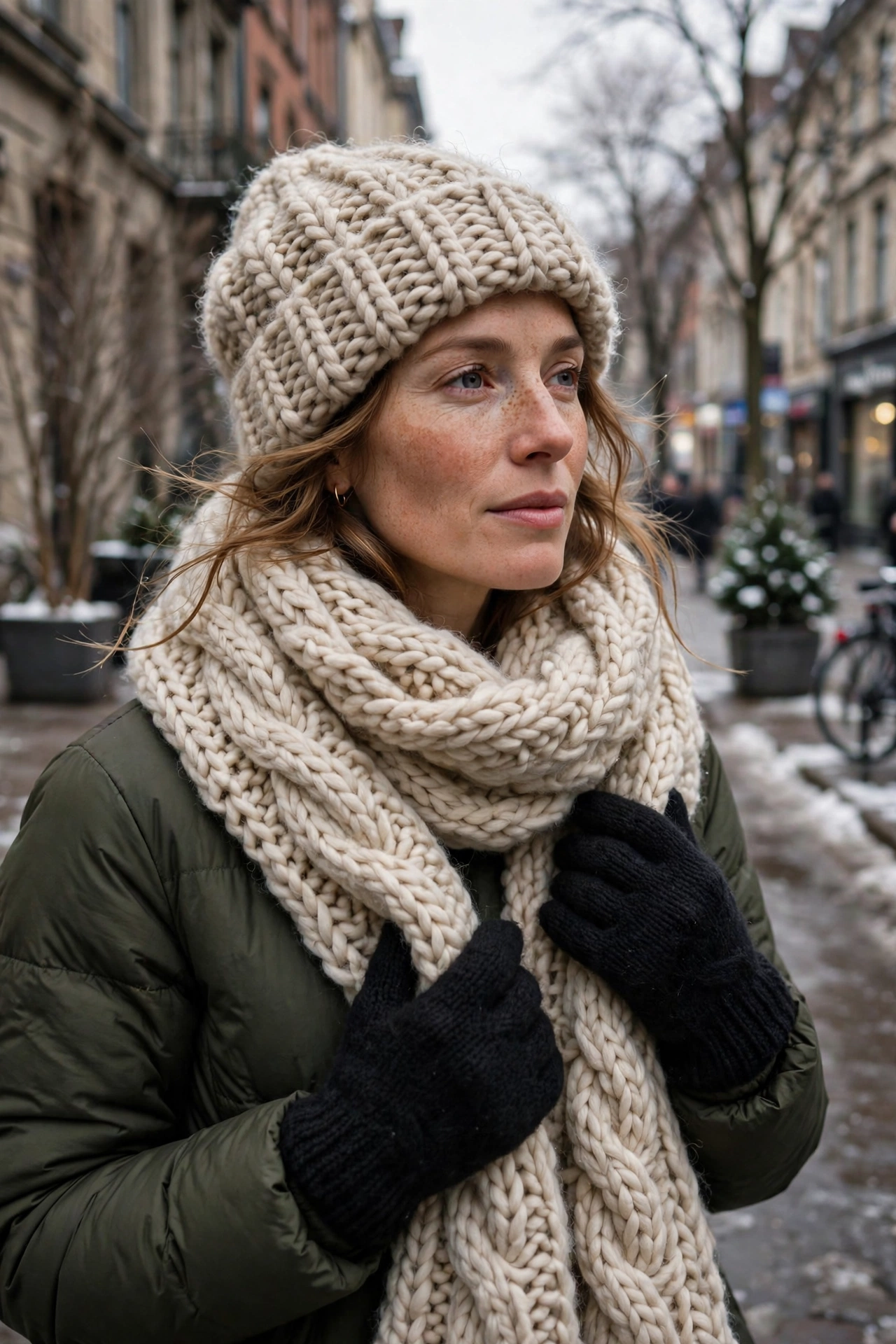 Woman on a winter street wearing a chunky cream wool scarf, knitted hat and black gloves