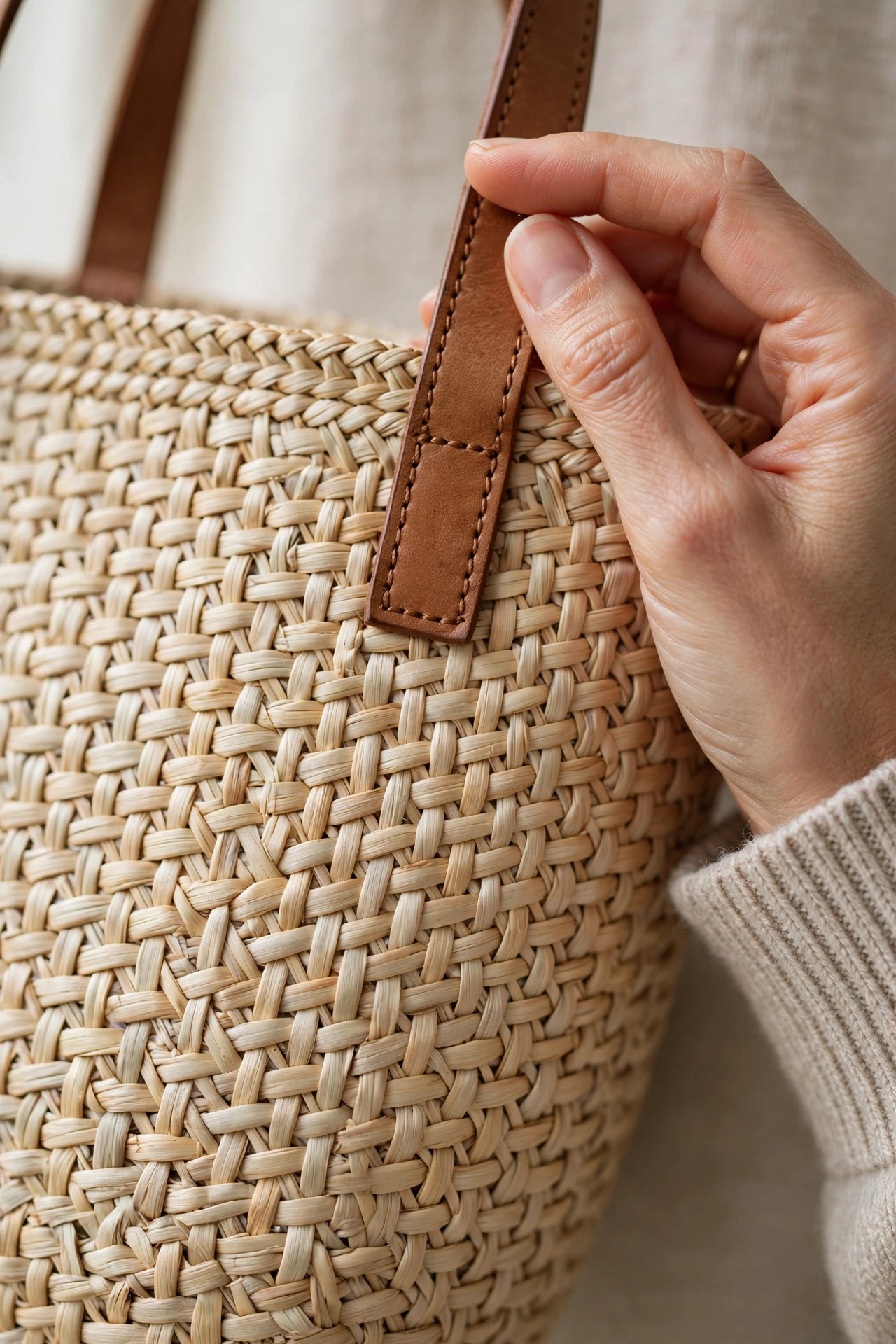 Close-up detail of a woven tote bag showing the tight weave texture and leather handles
