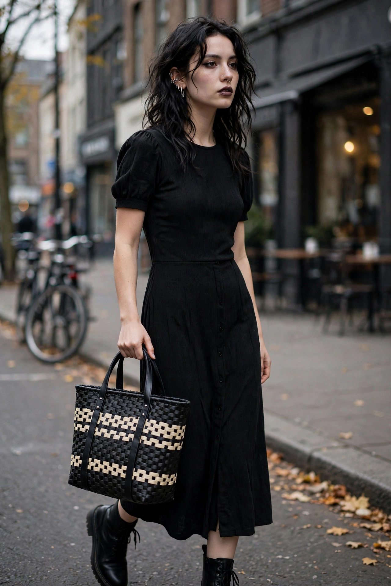Woman in a black midi dress carrying a black and cream woven tote bag