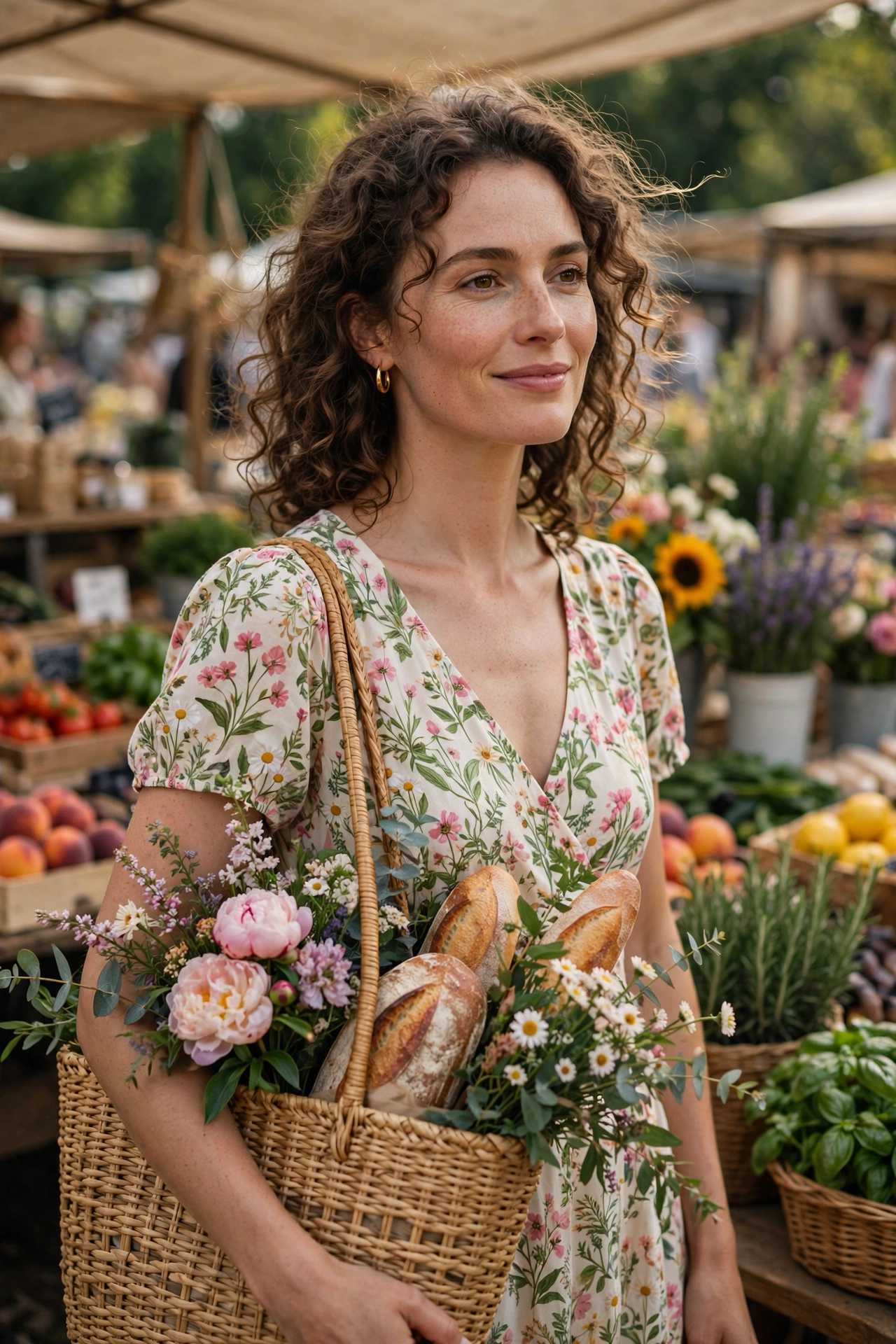 Woman in a floral dress at a weekend market holding a woven tote bag with flowers